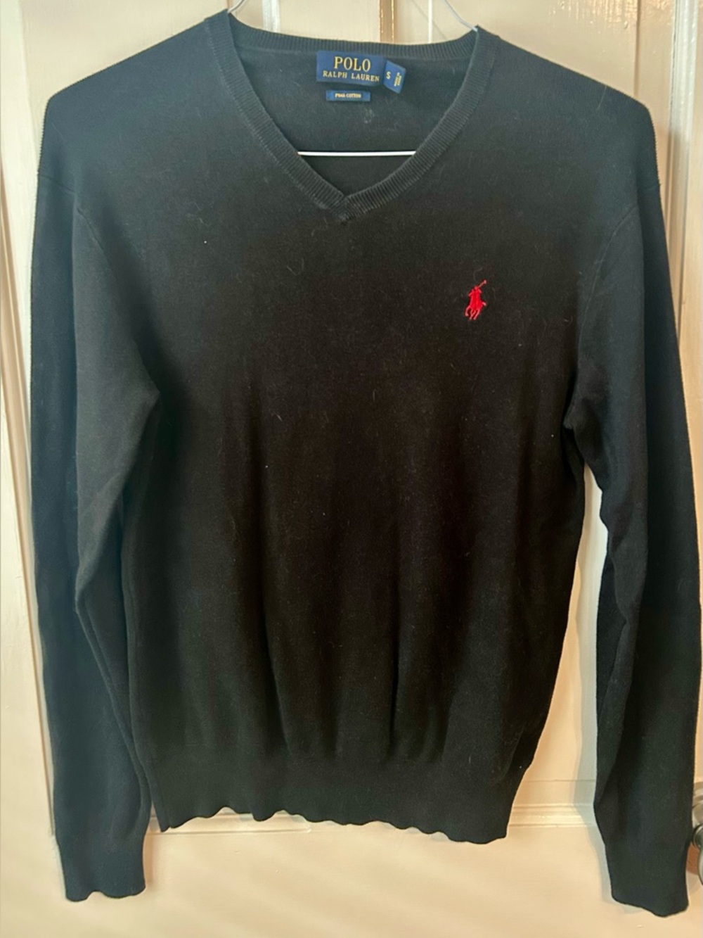 Polo by Ralph Lauren Men’s Black V-Neck Sweater with Red Pony, Size Small